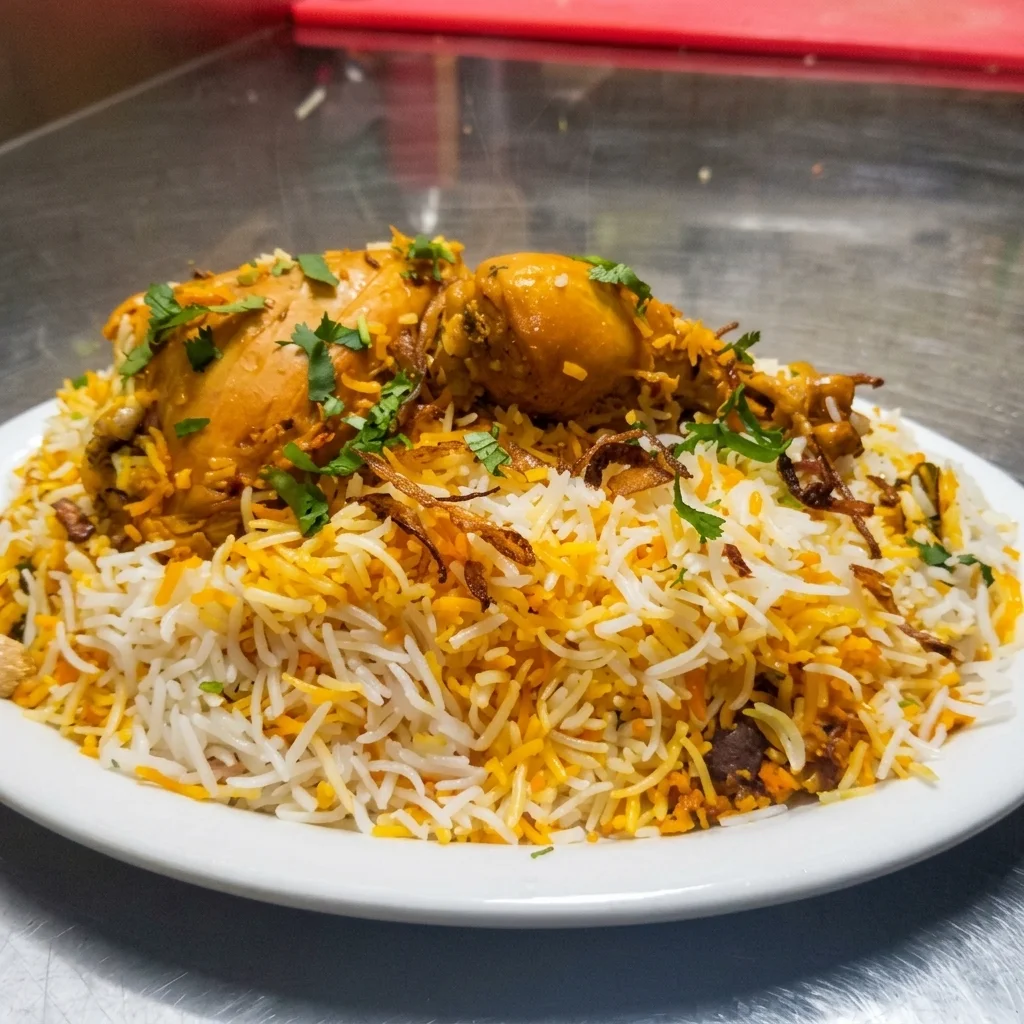 Chicken dum biryani with basmati rice and spices at Foodies Calgary in NE Calgary, AB
