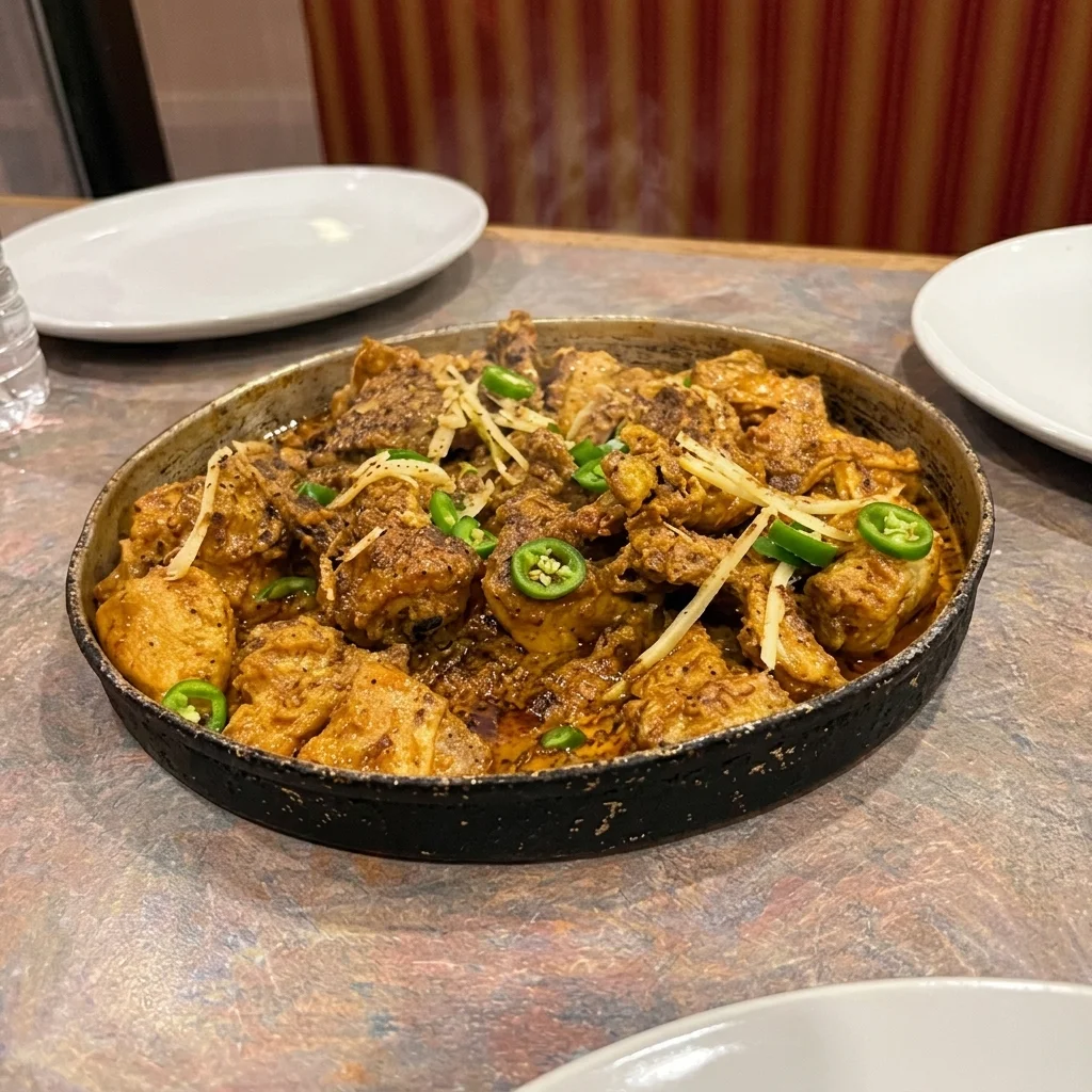 Chicken karahi in a spicy tomato sauce served in a wok at Foodies Calgary, NE Calgary