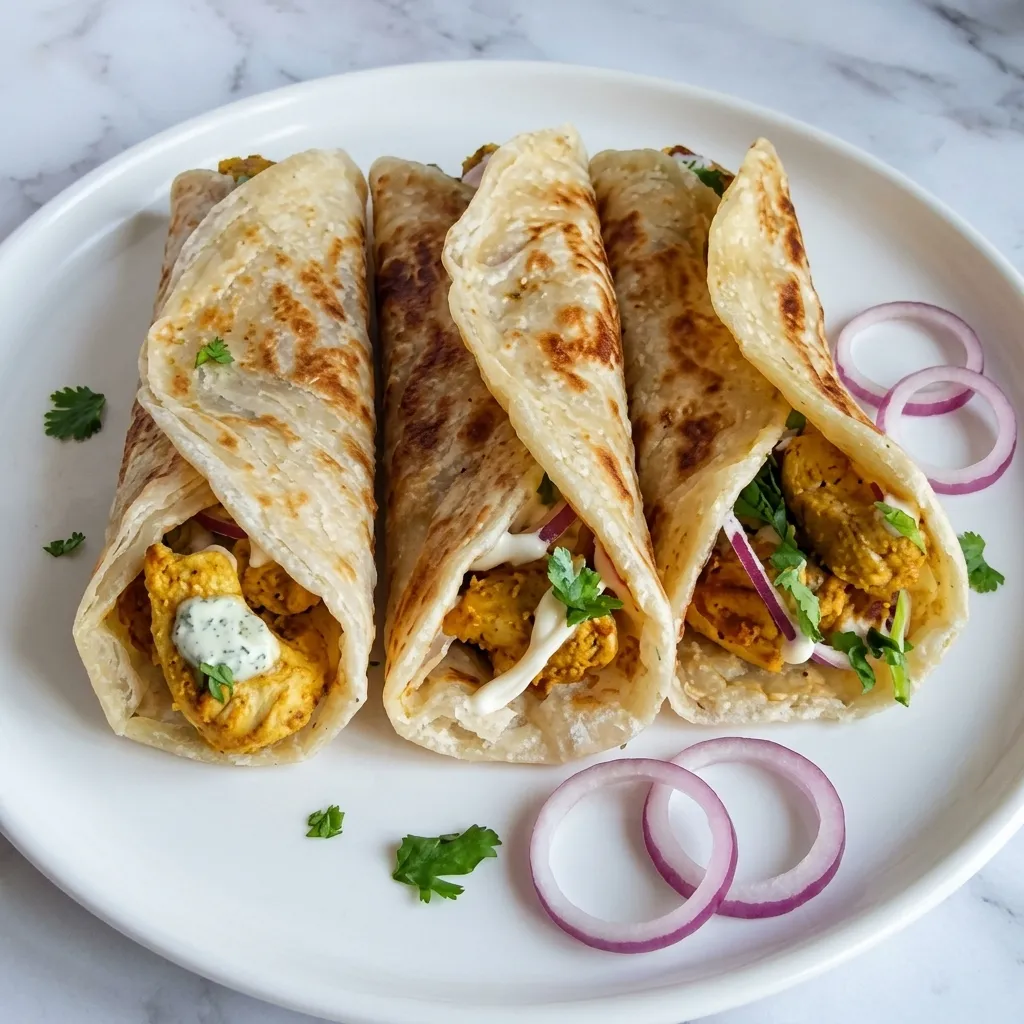 Chicken tikka paratha roll with sauces and fresh veggies at Foodies Calgary, NE Calgary